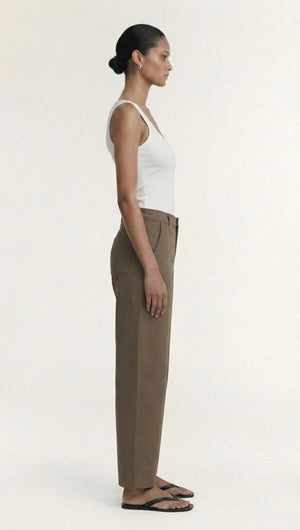 Model wearing Khaki Structured Barrel Leg Pant in a side view, showcasing modern relaxed tailoring.