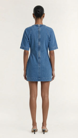 Cotton Denim Wrap Detail Mini Dress showcasing the back view with short sleeves and a refined silhouette.