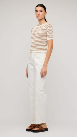 Model wearing White Denim Mid-Rise Straight Jeans with a striped top and sandals against a neutral background.