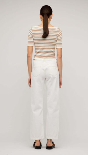 Back view of a woman wearing white denim mid-rise straight jeans and a striped top, showcasing a casual outfit.