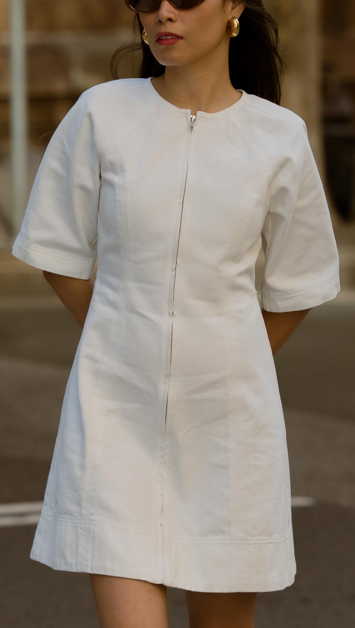 White Denim Mini Dress With Front Zip