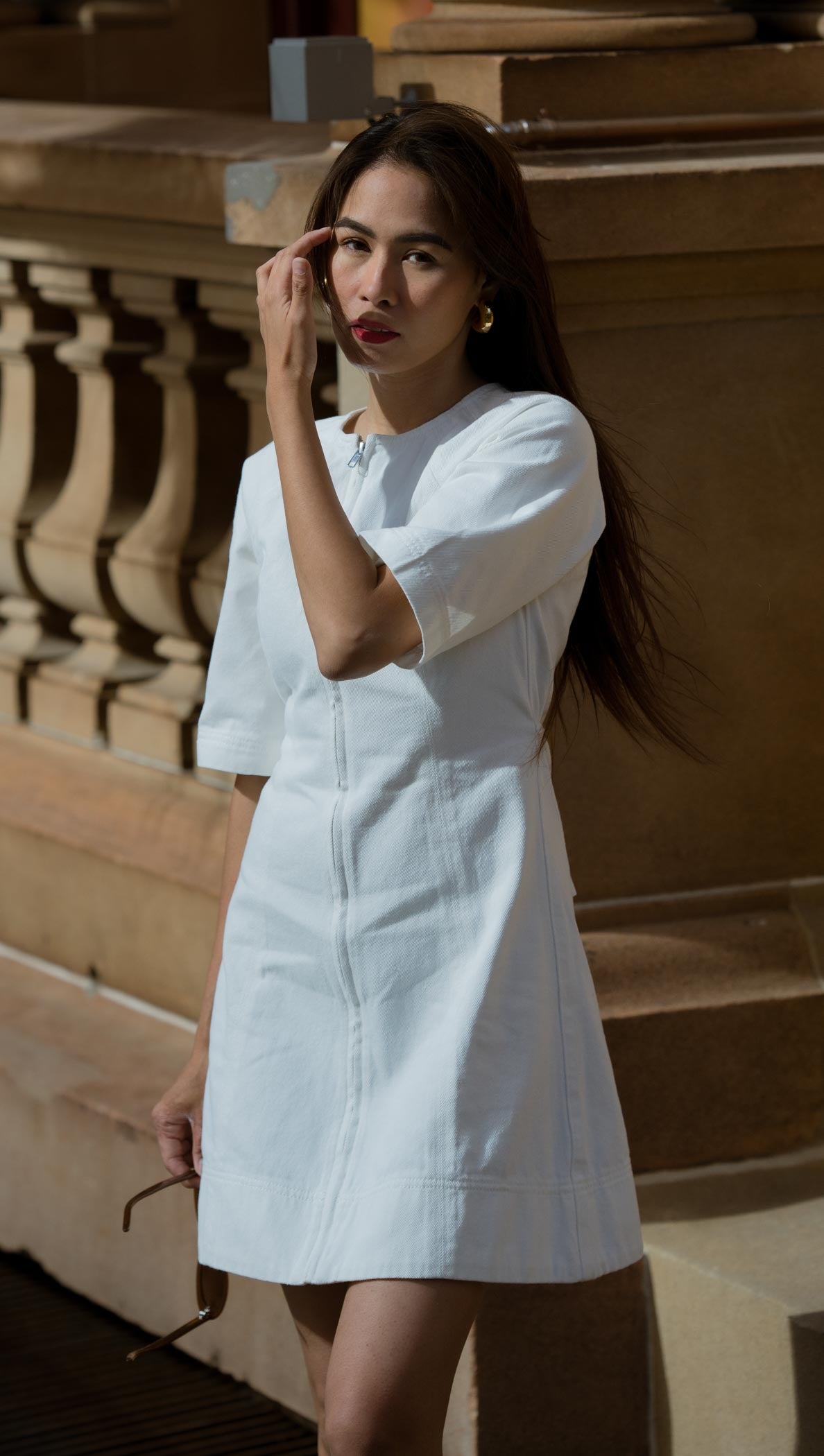 White Denim Mini Dress With Front Zip