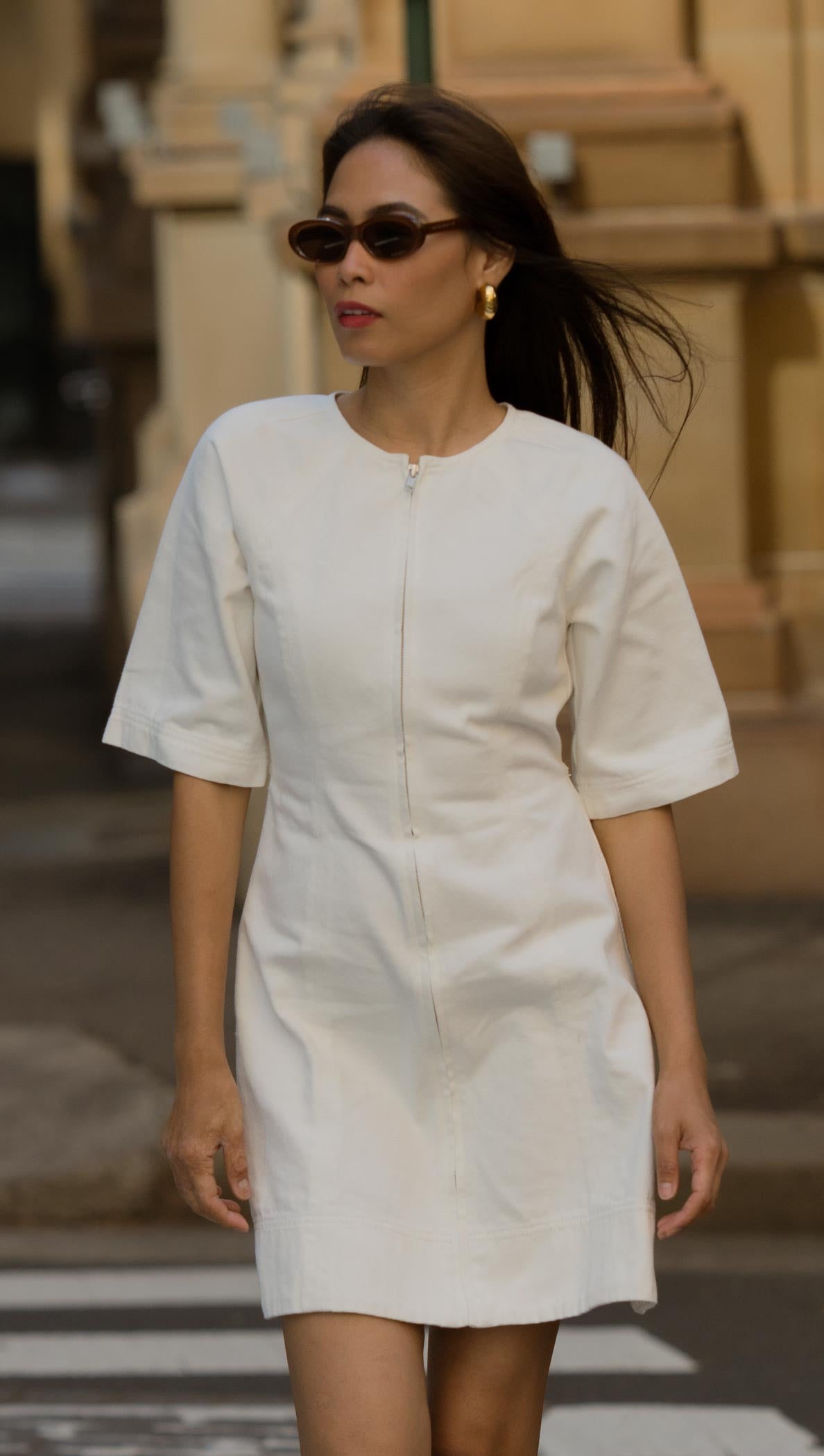 White Denim Mini Dress With Front Zip