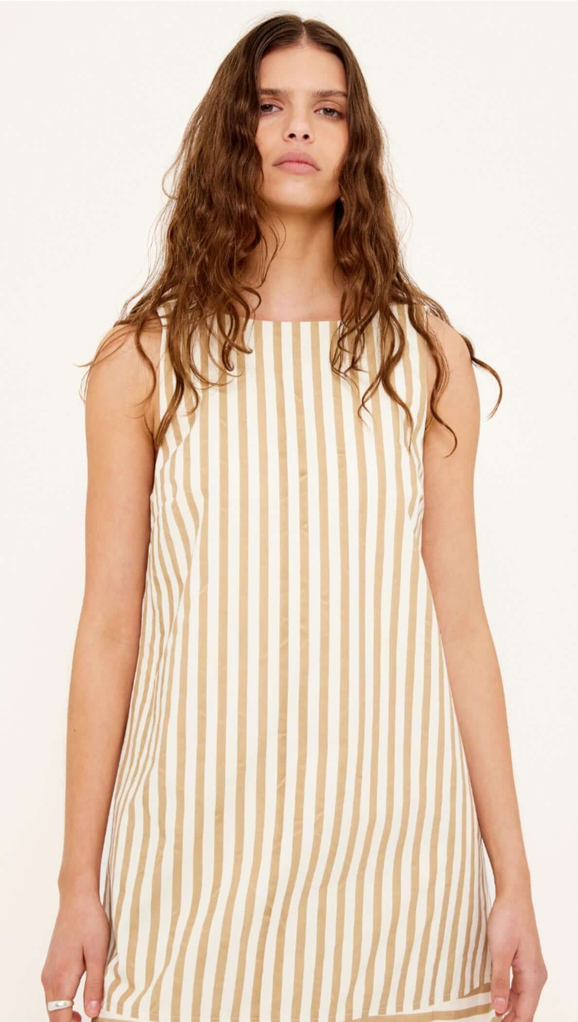 Cotton Stripe Mini Shirt Dress featuring a model, relaxed silhouette, and timeless striped design.