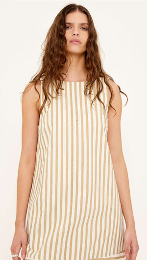 Cotton Stripe Mini Shirt Dress featuring a model, relaxed silhouette, and timeless striped design.