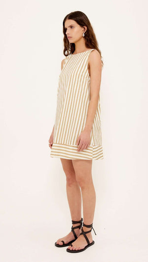 Cotton Stripe Mini Shirt Dress featuring a relaxed fit and low back, perfect for summer styling.