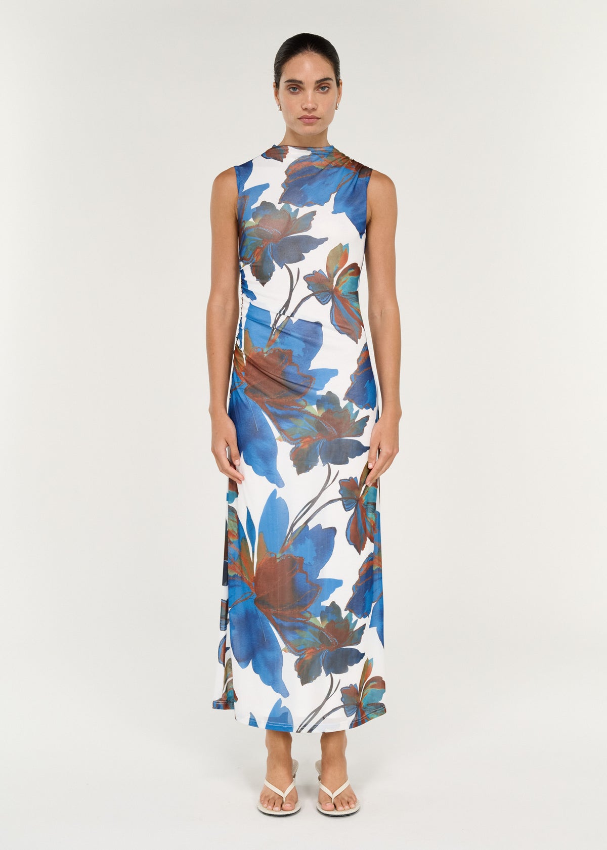 Sleeveless Mesh Midi Dress in Cobalt Floral featuring a floral print and high mock neckline, perfect for stylish occasions.