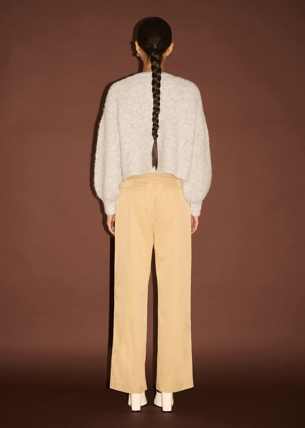 Back view of the Beige Striped Contrast Waist Pants with a mid-rise waist and a straight leg silhouette.