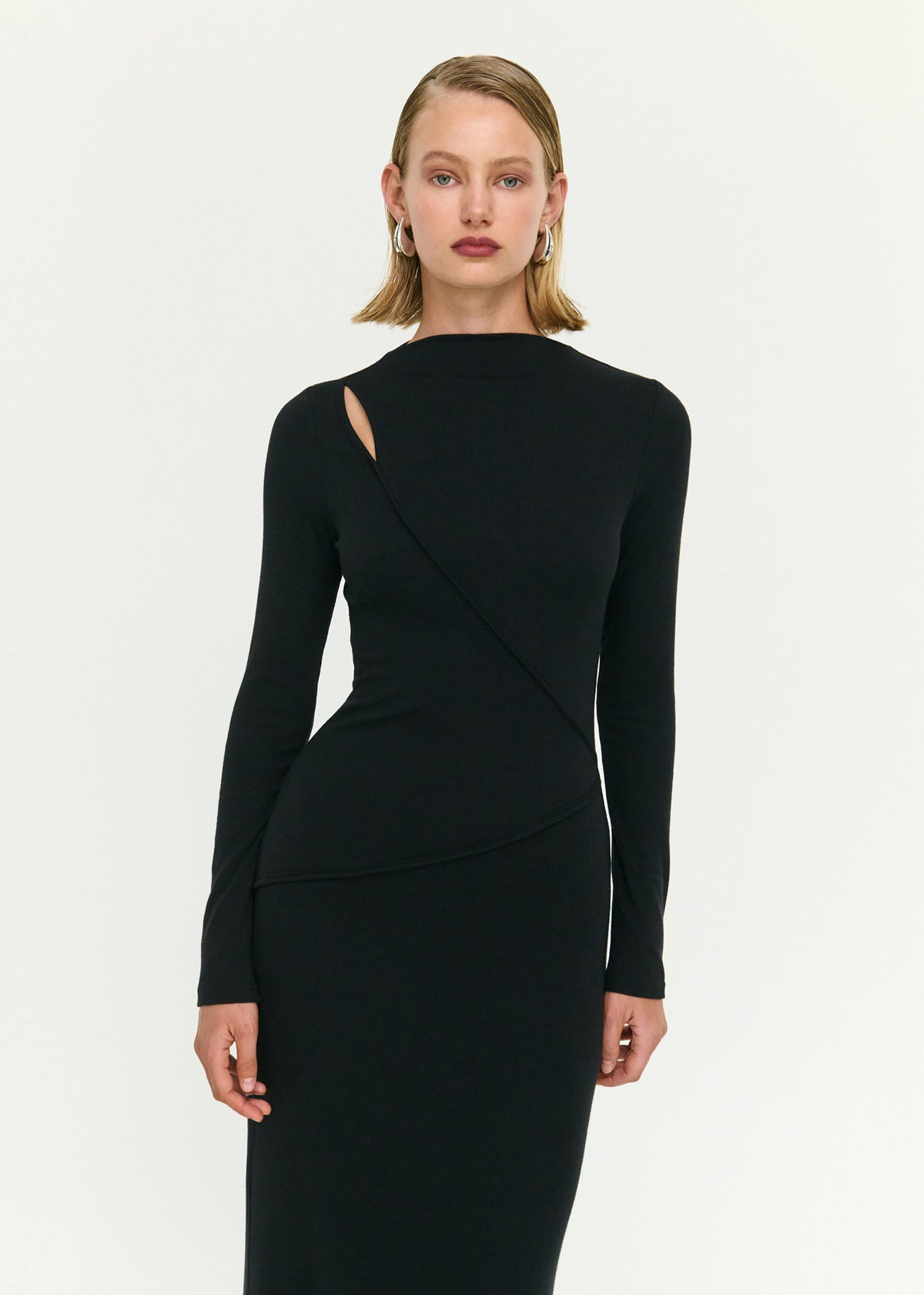 Close-up of the Black Asymmetric Seam Detail Midi Dress, showing a high neckline and an asymmetric shoulder cut-out.