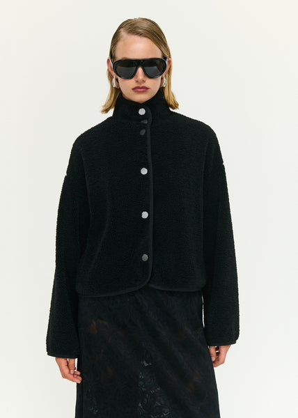 Black High Neck Cropped Sherpa Jacket
