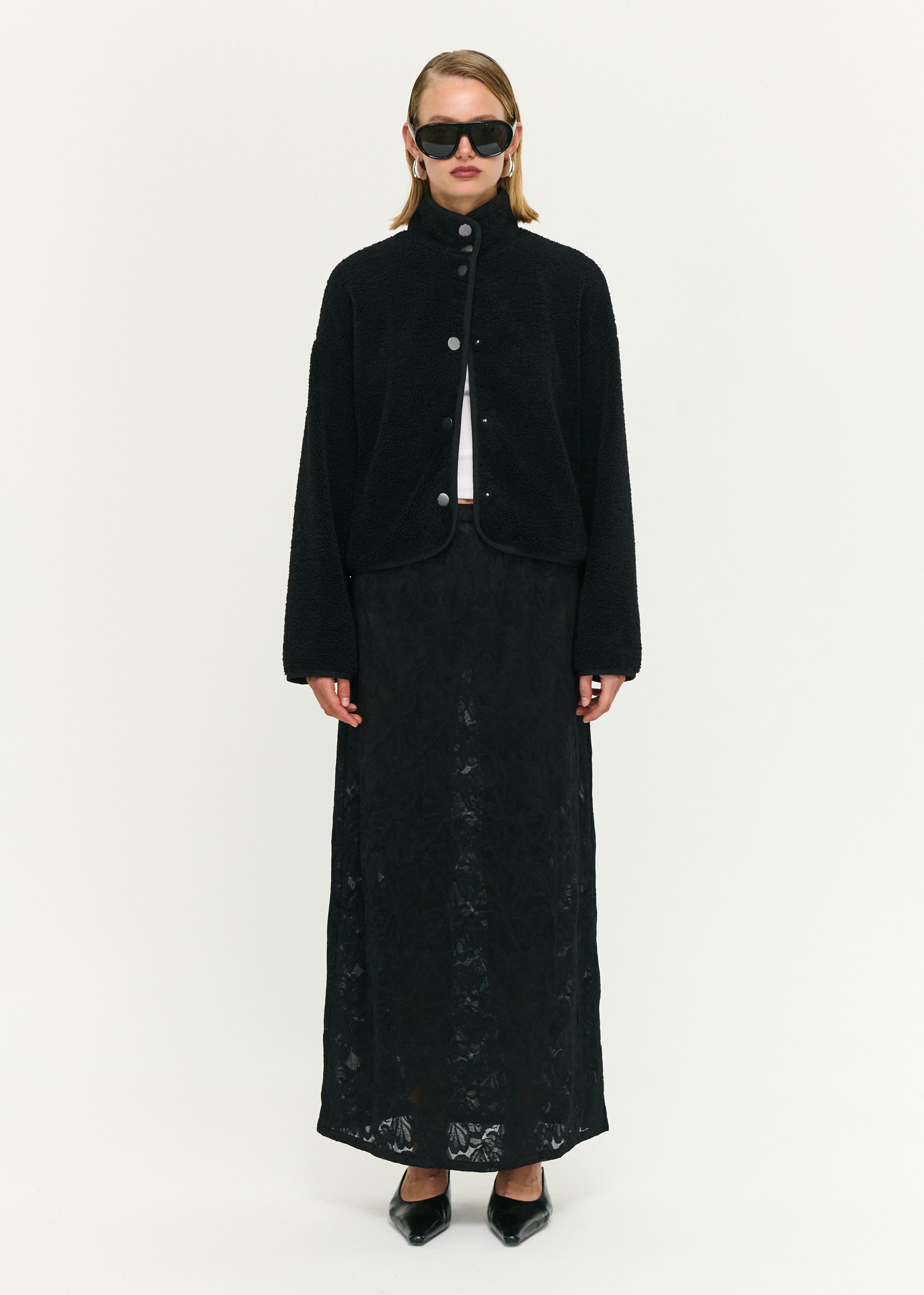 Black High Neck Cropped Sherpa Jacket