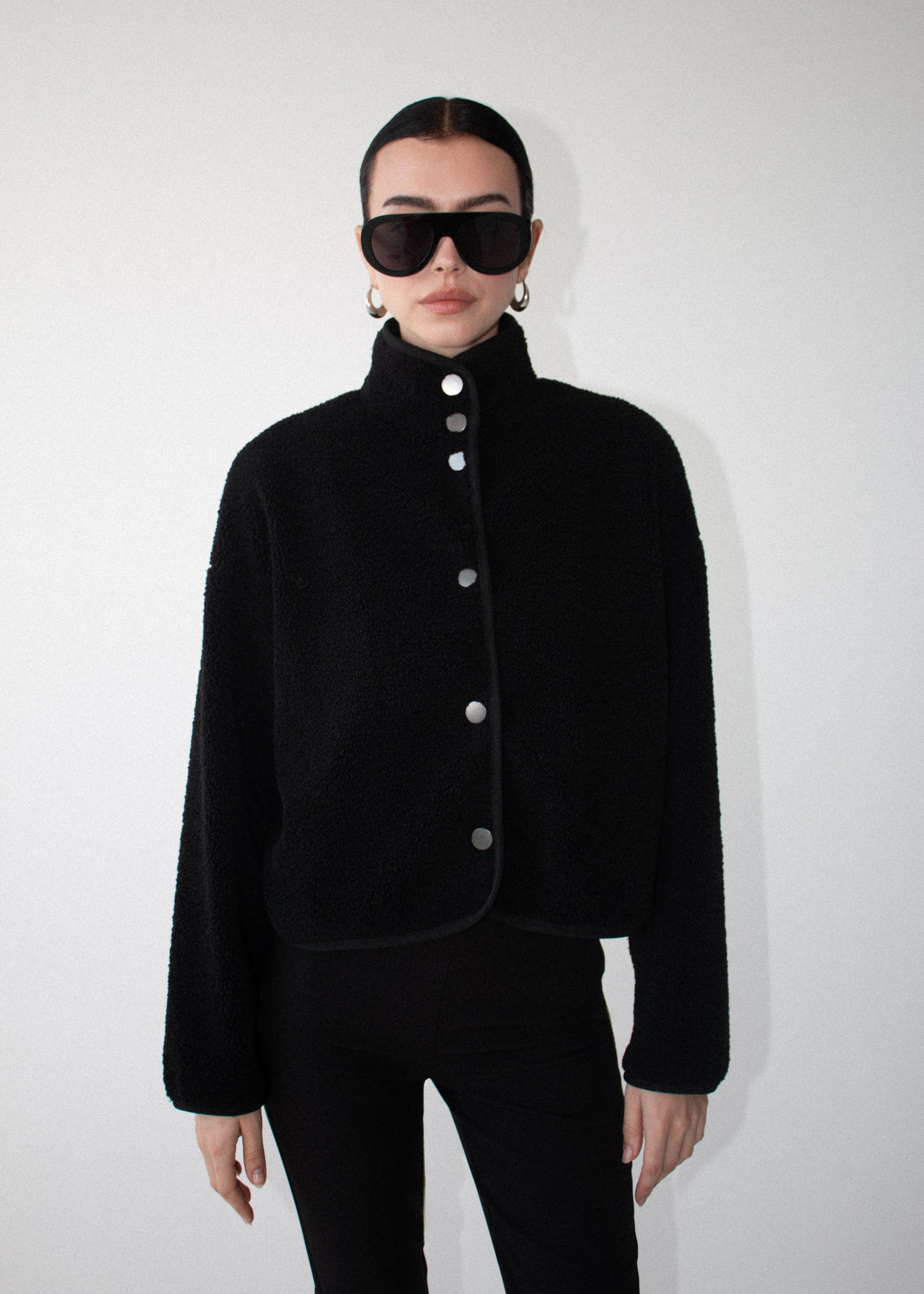 Black High Neck Cropped Sherpa Jacket