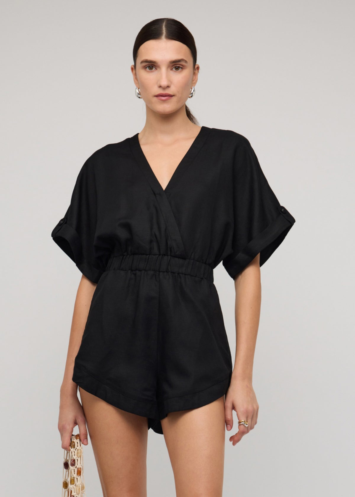 Close-up of the Black Linen Blend V-neck Playsuit, showing a v-neckline with draped front.
