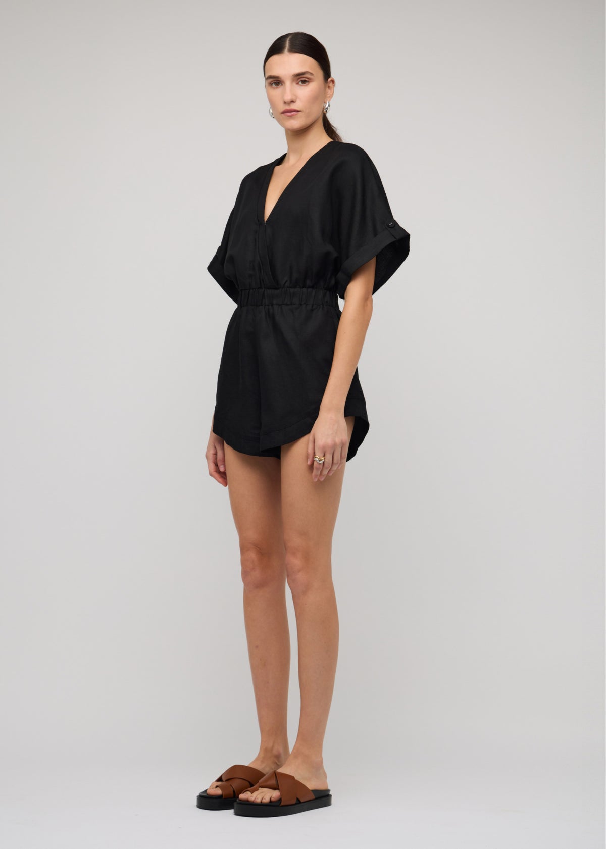 Model wearing Black Linen Blend V-neck Playsuit, showing a v-neckline with draped front.