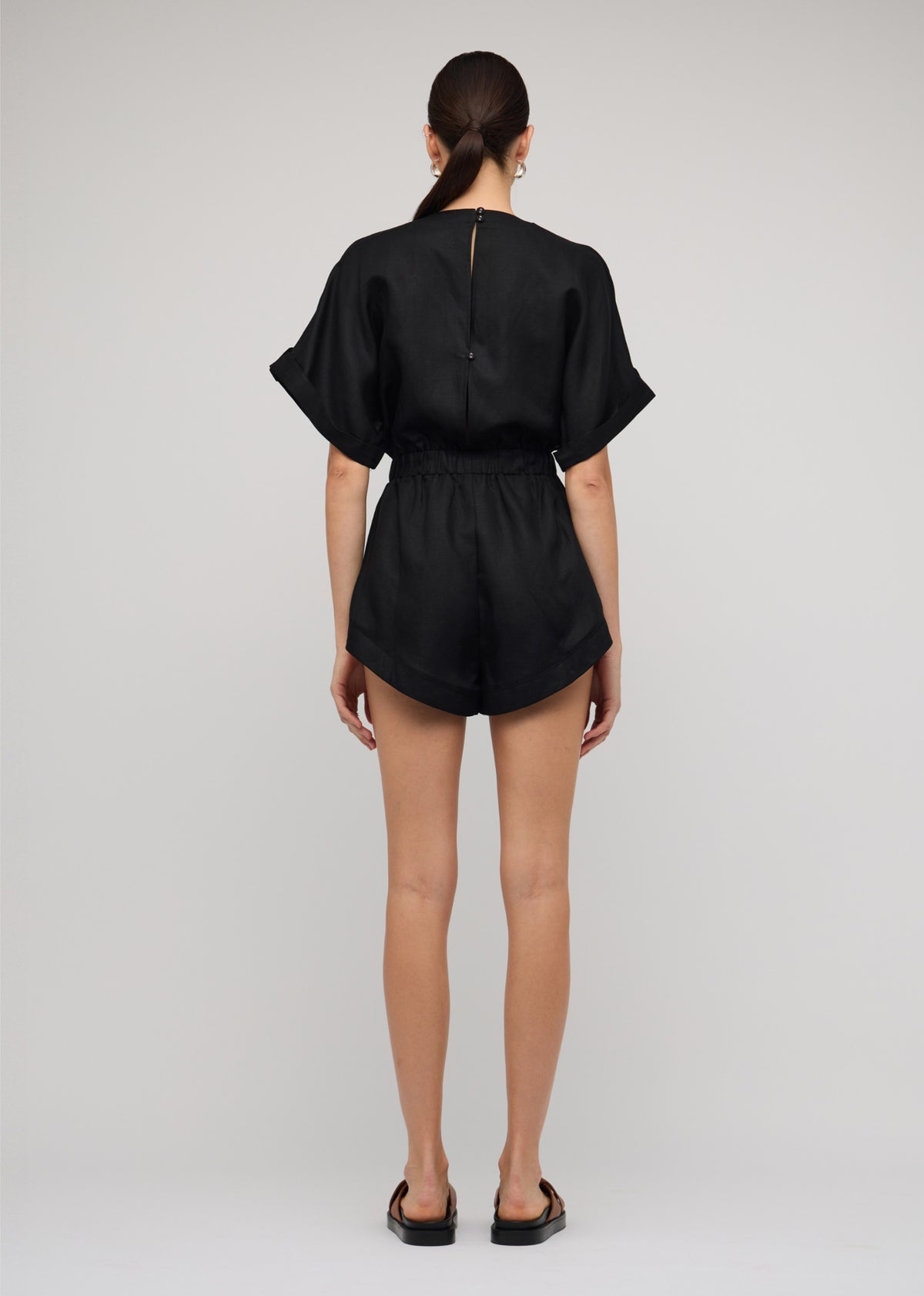 Back view of the Black Linen Blend V-neck Playsuit with a v-neckline with draped front.