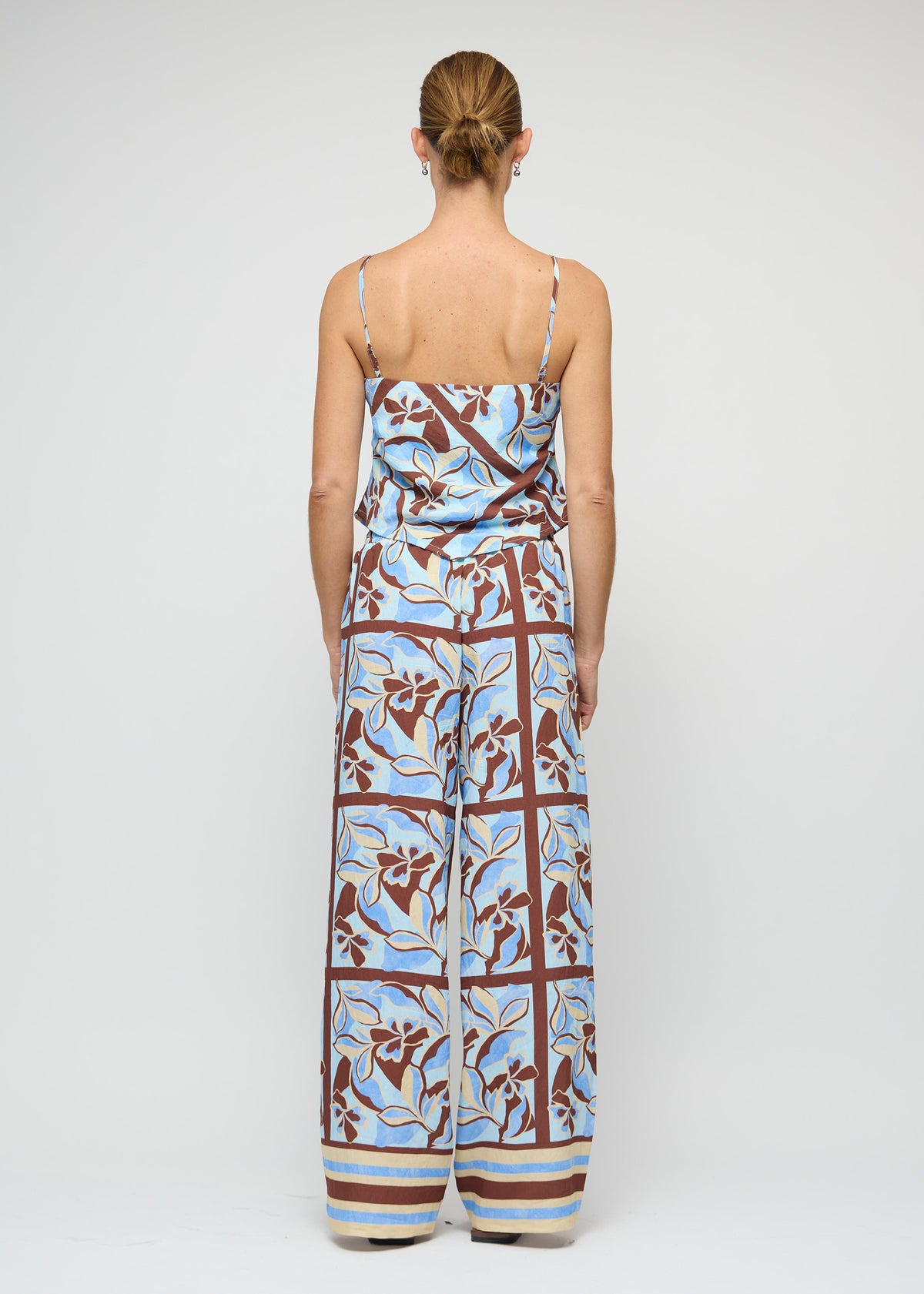 Back view of the Blue Abstract floral Wide-Leg Drawstring Pants, showing an elasticated waistband with drawstring tie.
