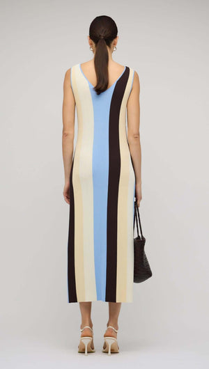 Blue & Cream Stripe Knit Midi Dress showcasing the back view with bold stripes in blue, cream, and chocolate tones.