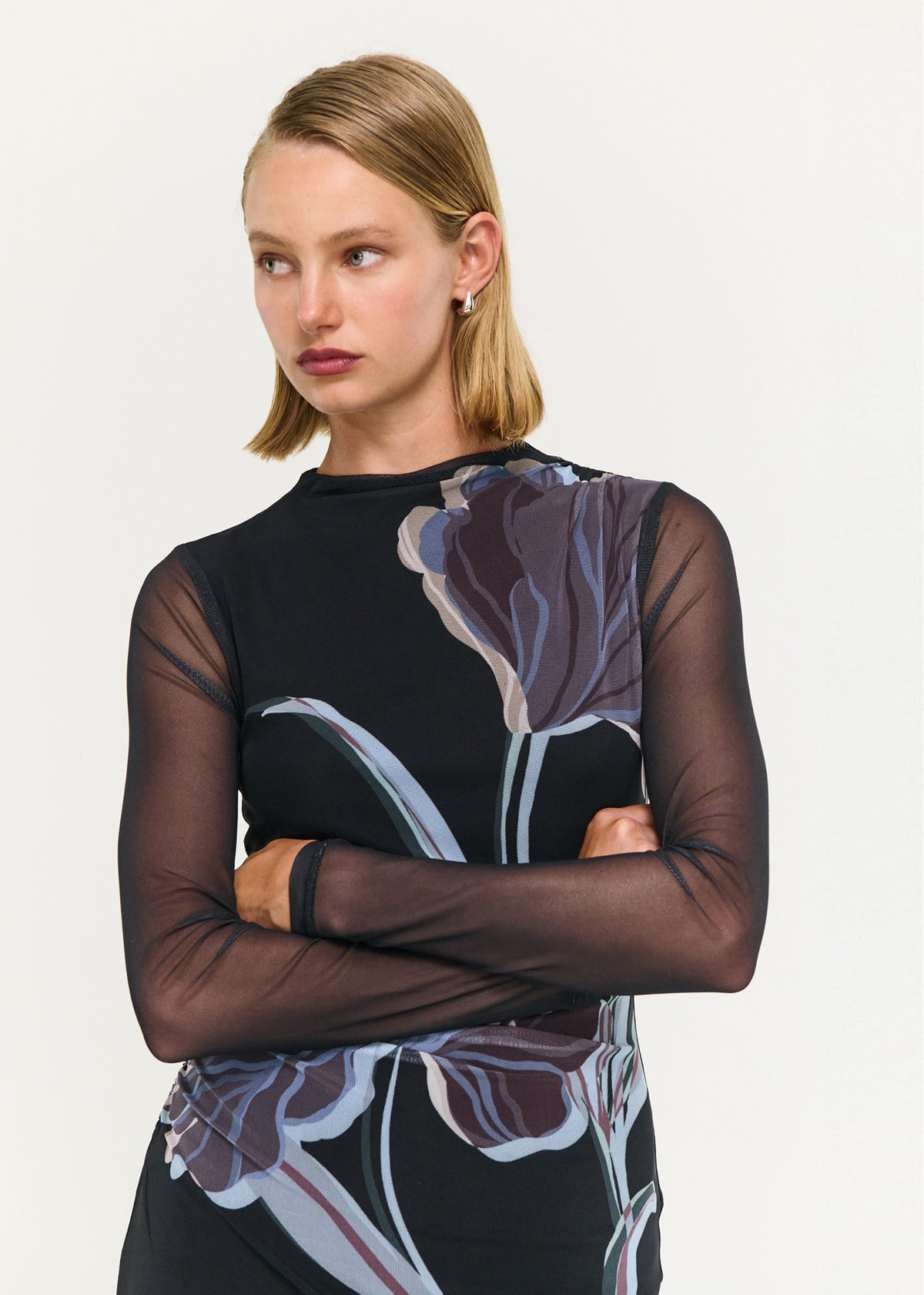 Close-up of the Blue Floral Mesh Midi Dress, showing a high neckline and long sheer sleeves.