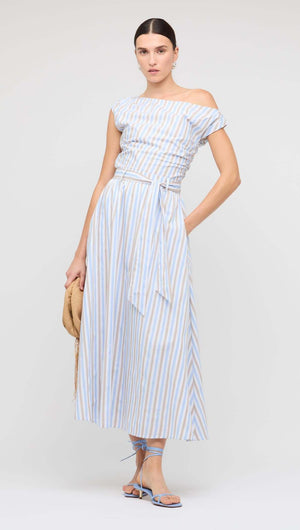 Blue Stripe Cotton A-Line Maxi Skirt showcasing off-shoulder design and flowing silhouette.
