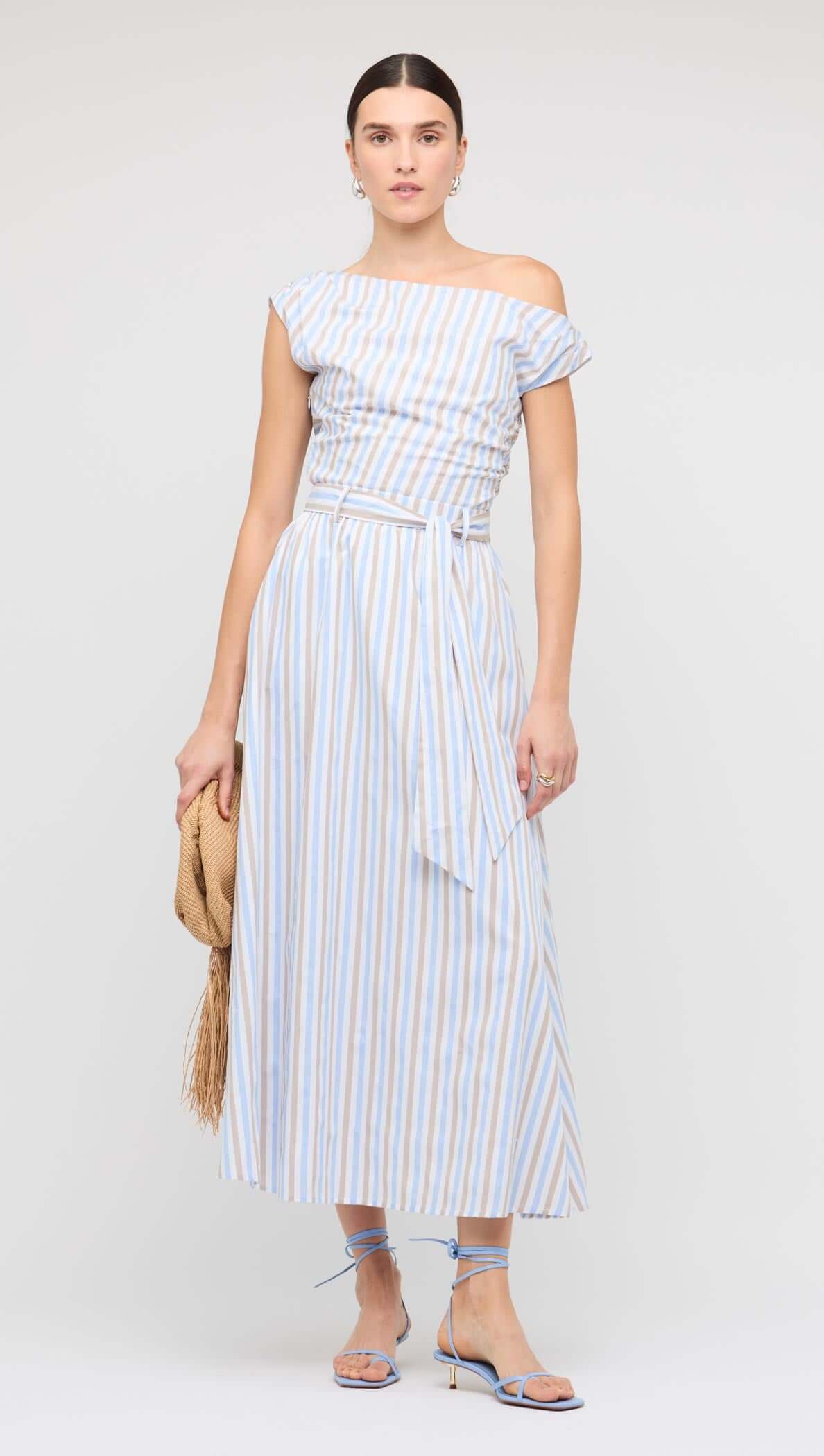 Blue Stripe Cotton A-Line Maxi Skirt by Staple the Label worn by model in light blue and white stripes.