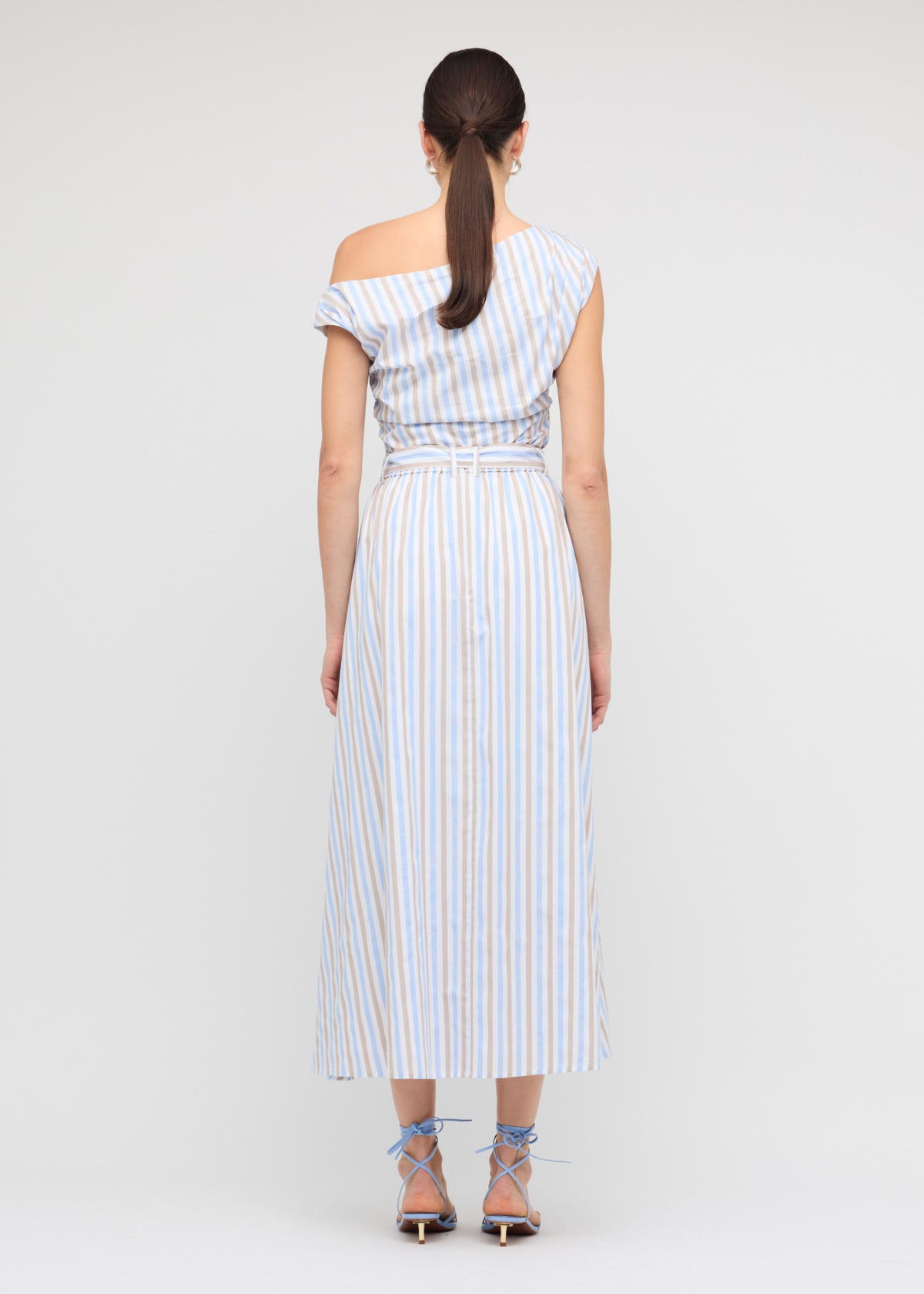 Back view of the Blue Stripe Cotton A-Line Maxi Skirt with a relaxed A-line silhouette.