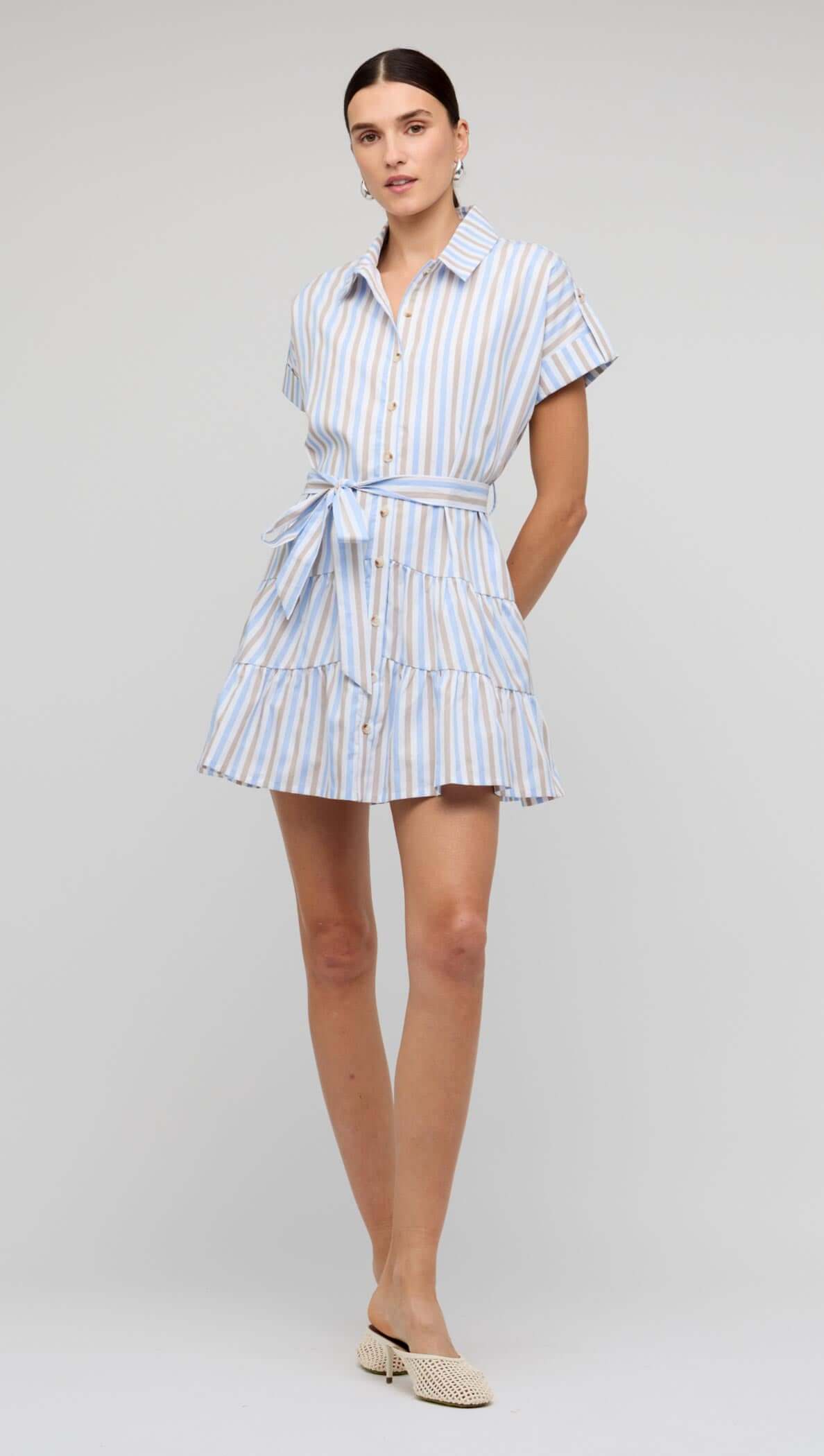 Blue Stripe Cotton Mini Shirt Dress featuring a button-down front, short sleeves, tie waist, and tiered skirt.