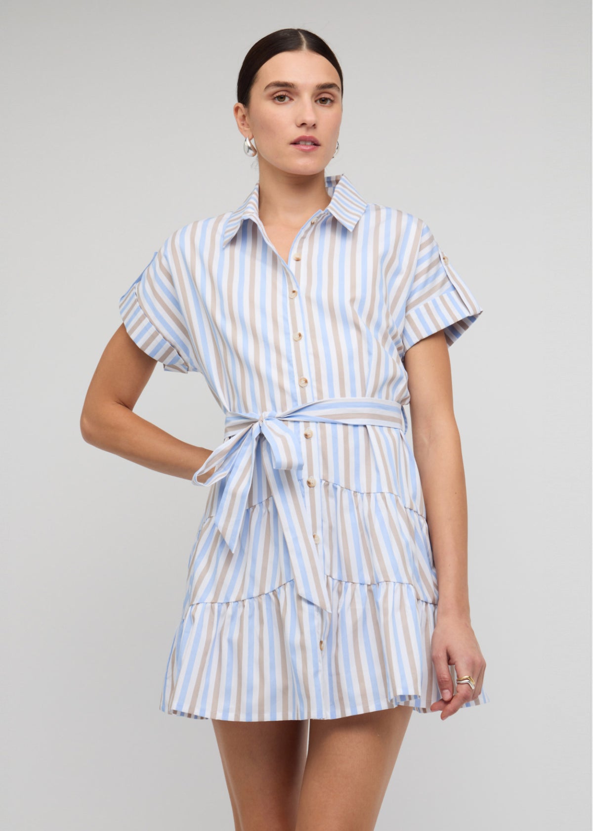 Close-up of the Blue Stripe Cotton Mini Shirt Dress, showing a button-down front and short cuff sleeves.