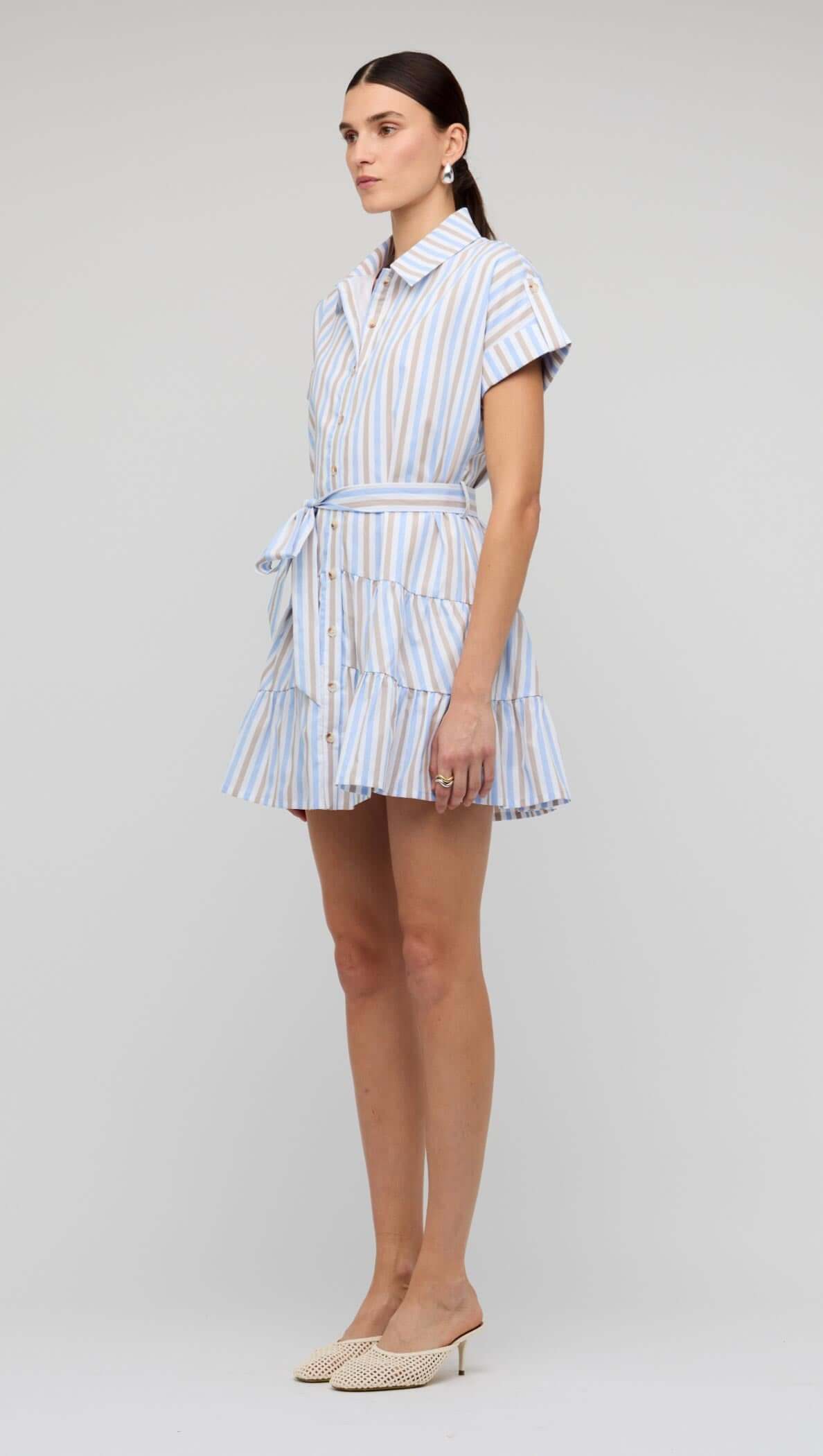 Blue Stripe Cotton Mini Shirt Dress featuring a button-down front, short sleeves, tie waist, and tiered skirt.