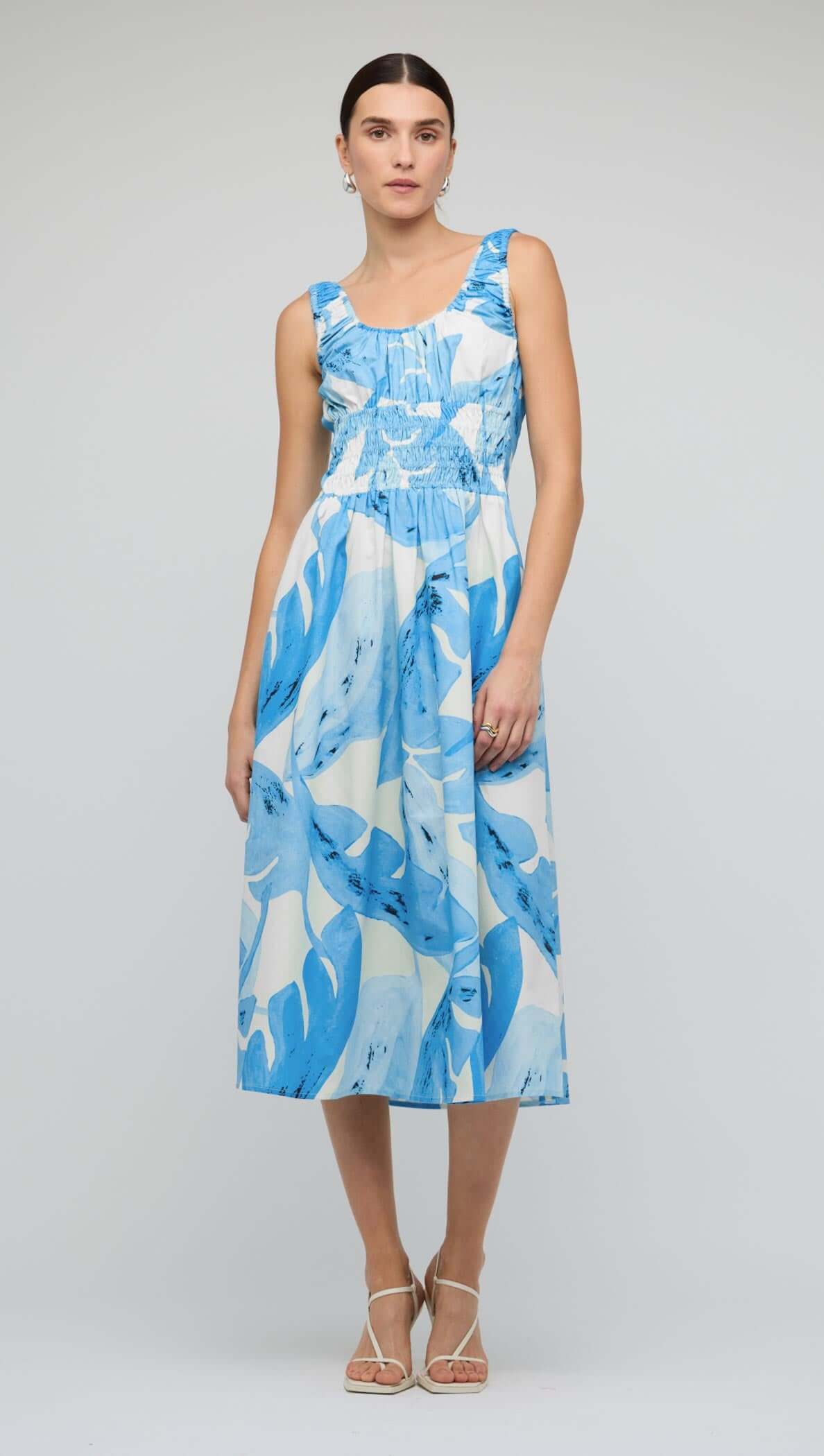 Staple The Label Blue & White Floral Cotton Shirred Midi Dress