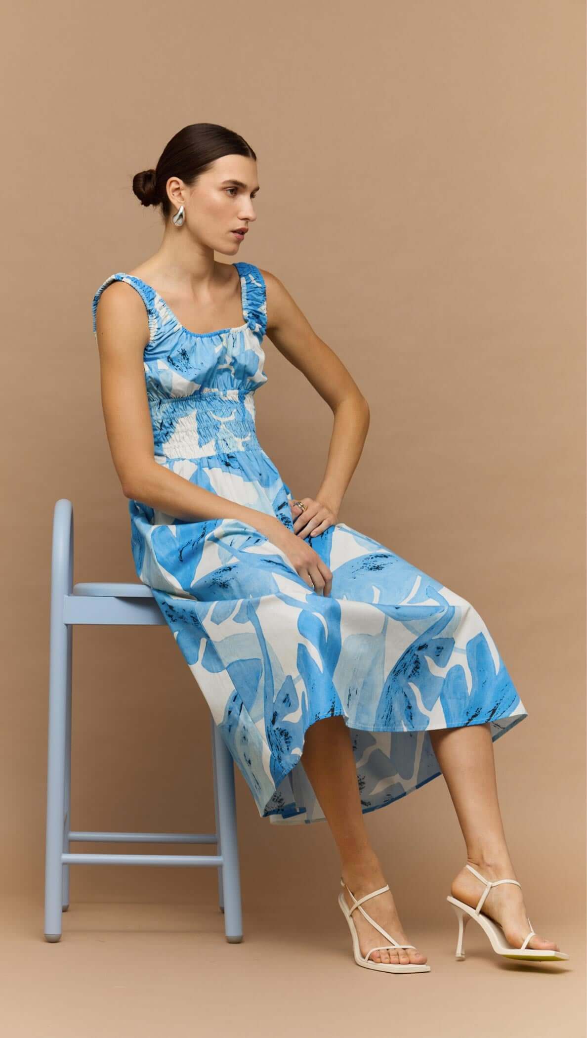 Blue & White Floral Cotton Shirred Midi Dress XXL / Blue Leaf Blue & White Floral Cotton Shirred Midi Dress XXL / Blue Leaf
