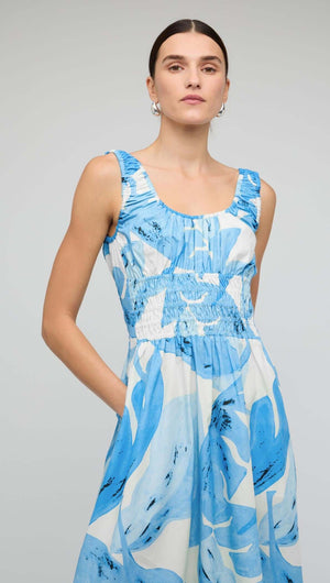 Staple The Label Blue & White Floral Cotton Shirred Midi Dress