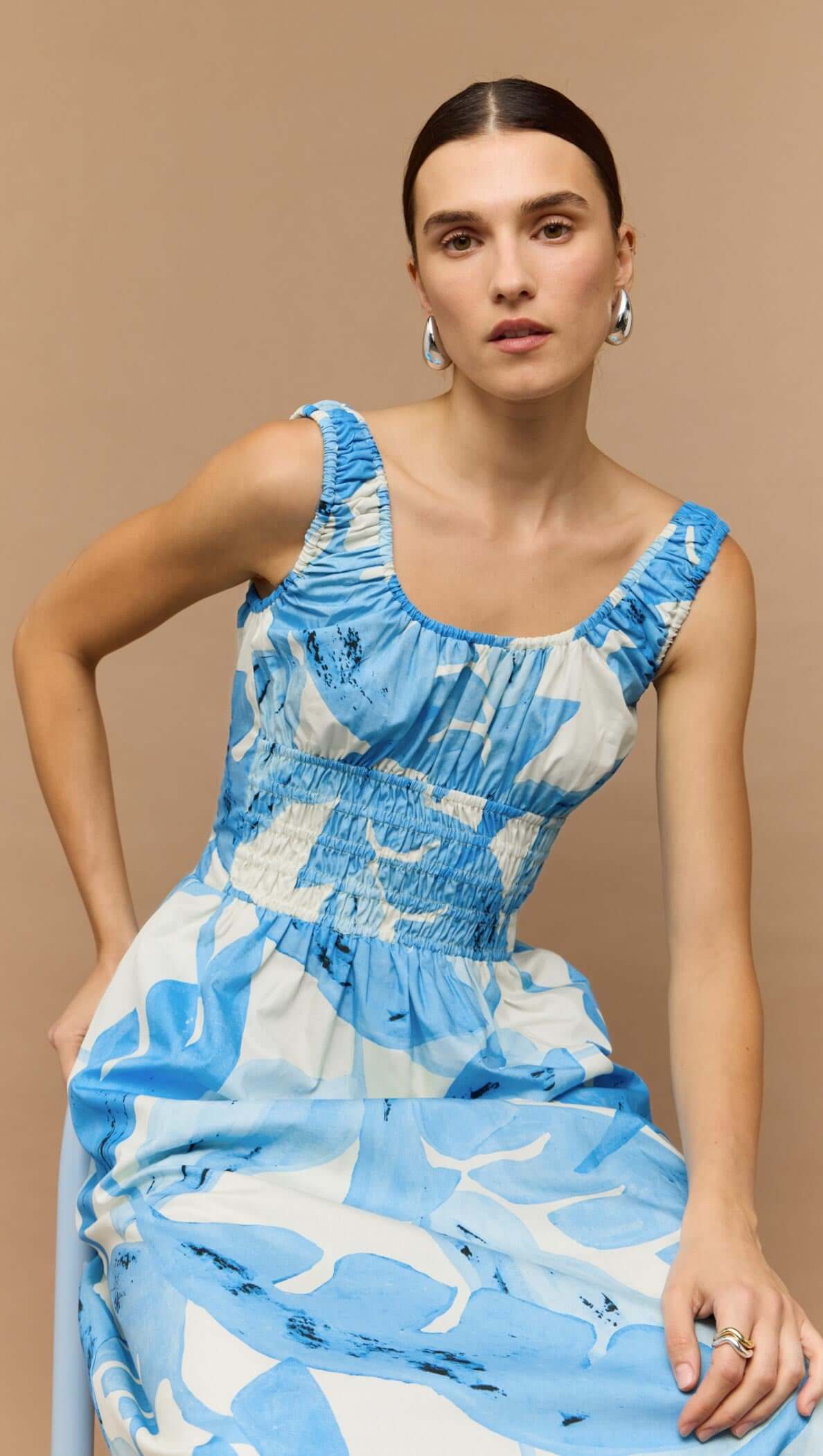 Staple The Label Blue & White Floral Cotton Shirred Midi Dress