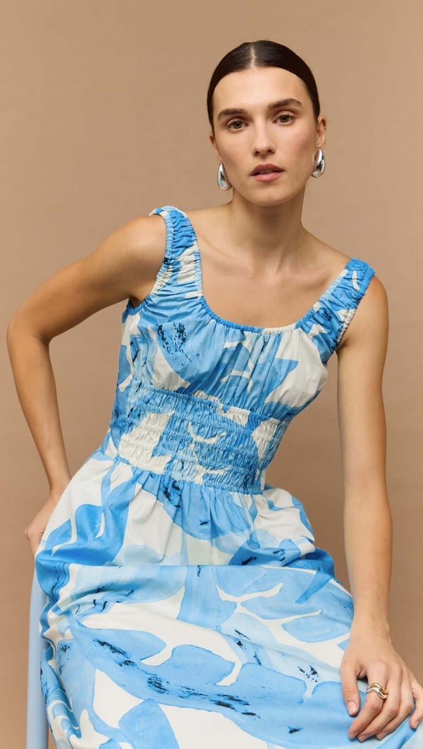 Blue & White Floral Cotton Shirred Midi Dress