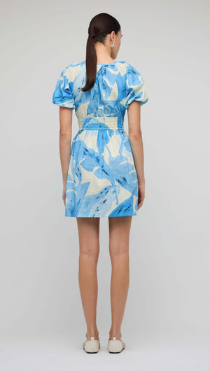 Blue & White Floral Cotton V-Neck Mini Dress