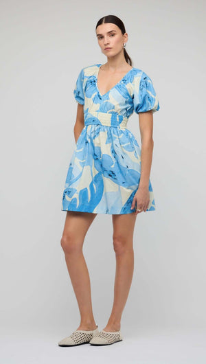 Blue & White Floral Cotton V-Neck Mini Dress displayed on model with puff sleeves and a shirred waistband.