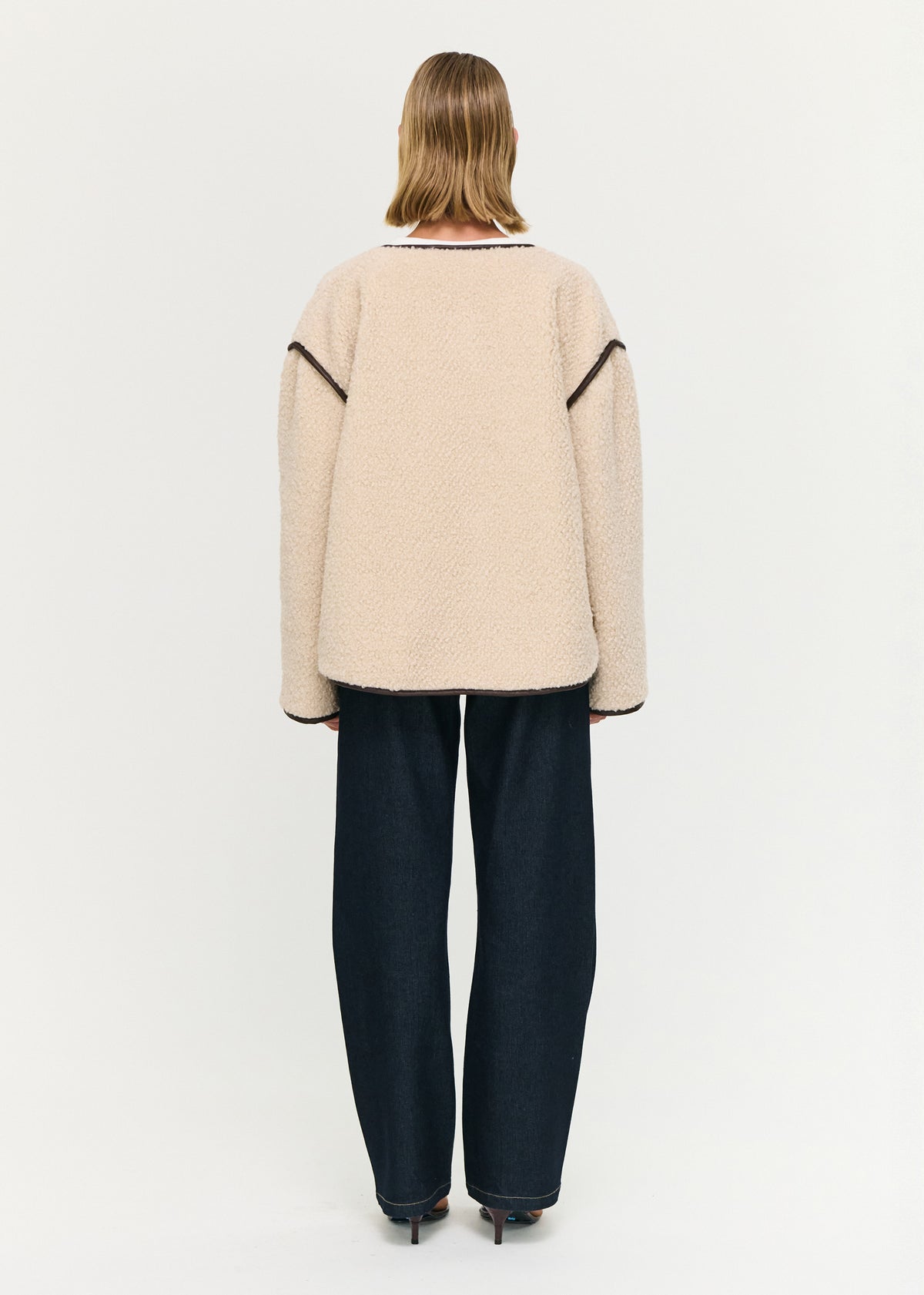 Back view of the Brown Contrast Trim Duffle Coat in Teddy with a soft teddy fabrication and a relaxed fit.
