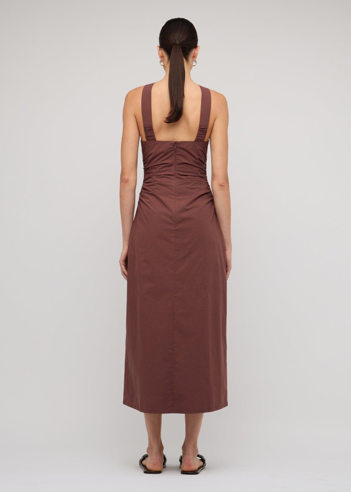 Back view of the Brown Cotton Bead Halter-Neck Ruched Midi Dress with a centre-back zip fastening and a 100% Cotton.