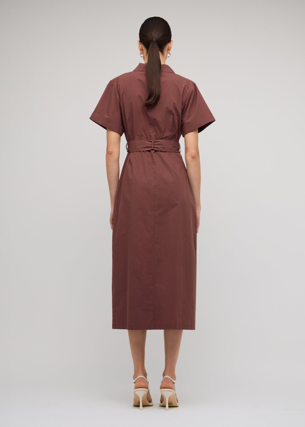 Back view of the Brown Cotton Wrap Midi Shirt Dress with a wrap front with tie waist and a 100% Cotton.