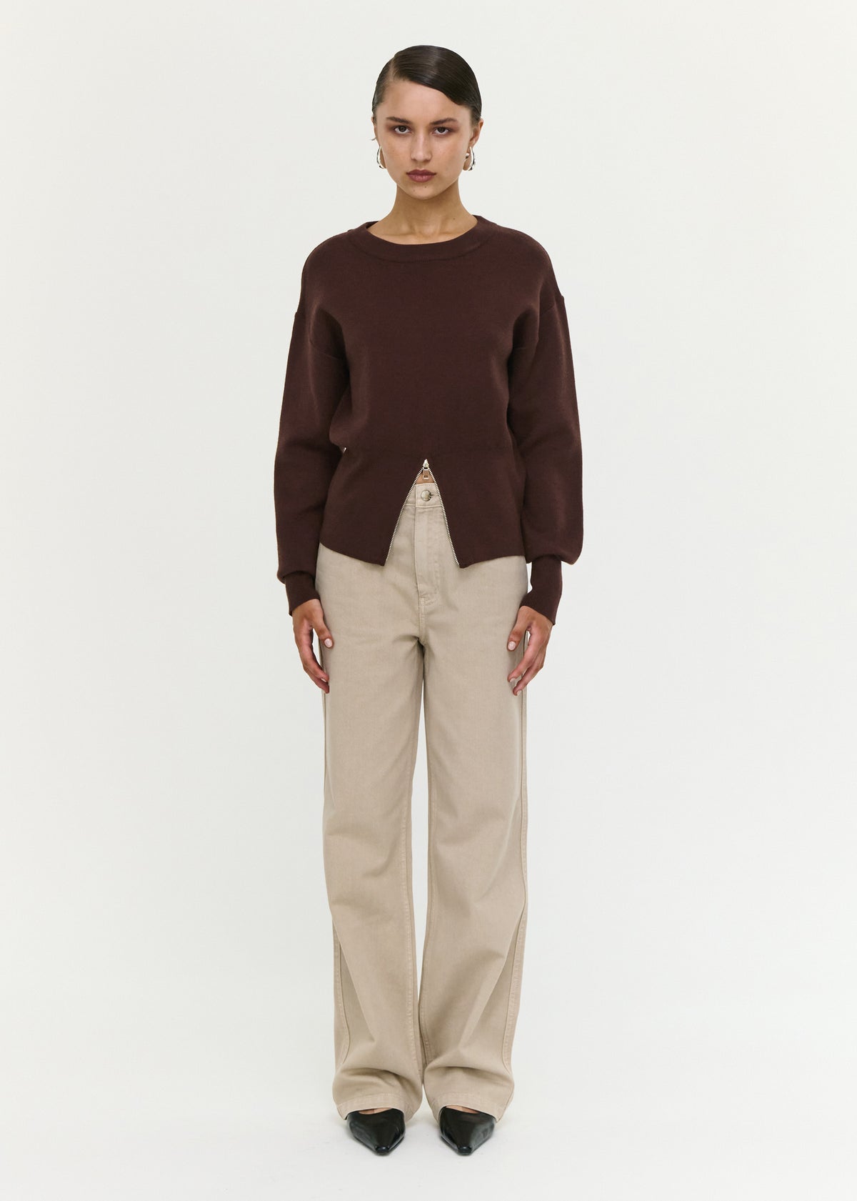 Model wearing Brown Zip Detail Soft Crew Neck Knit, showing a relaxed fit and a hip length.
