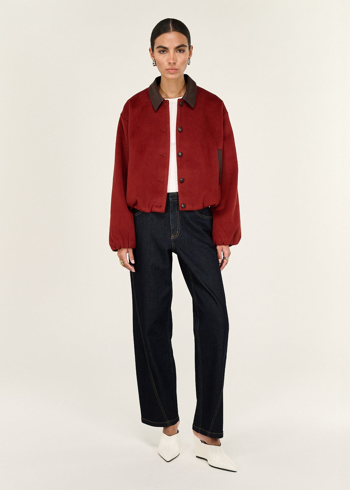 Model wearing Burgundy Brushed Bomber Jacket with an elasticated cuffs and hem.