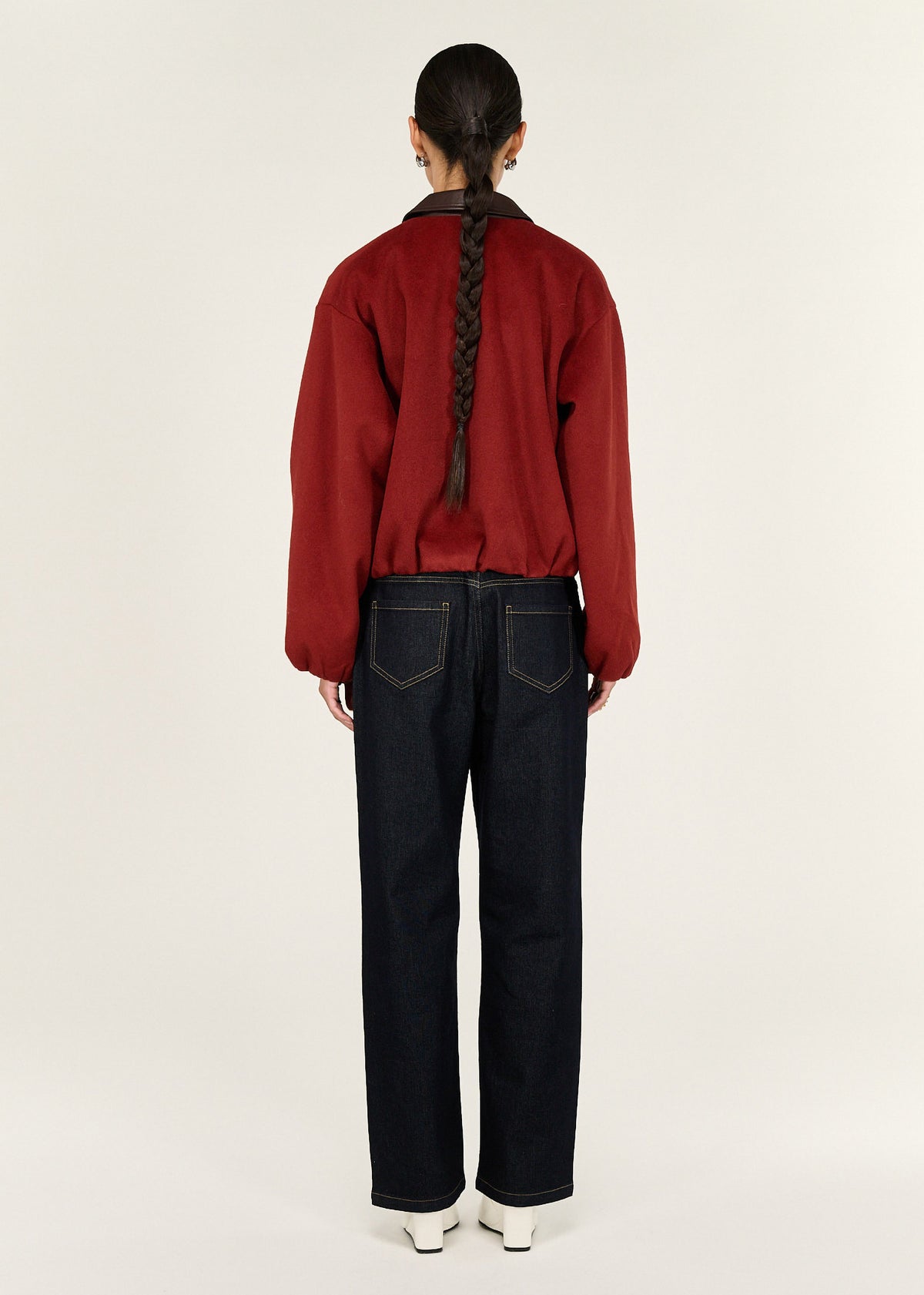 Back view of the Burgundy Brushed Bomber Jacket with contrast trims and buttons.