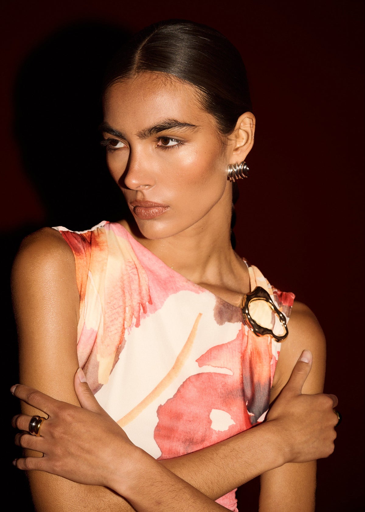 Close-up of the Burnt Floral Mesh Midi Dress, showing a sleeveless silhouette and a gold hardware shoulder detailing.