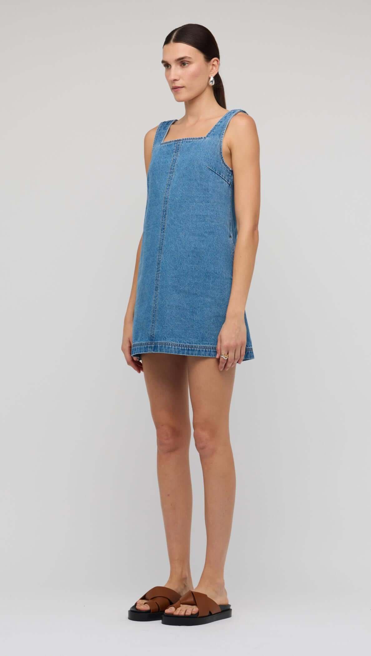 Denim Square Neck Mini Dress featuring a structured square neckline and A-line silhouette, perfect for summer outings.