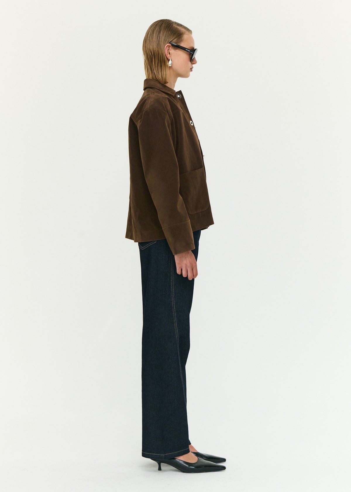 Side view of the Chocolate Brown Faux Suede Barn Jacket, showing a rich chocolate tone and a soft faux suede fabrication.