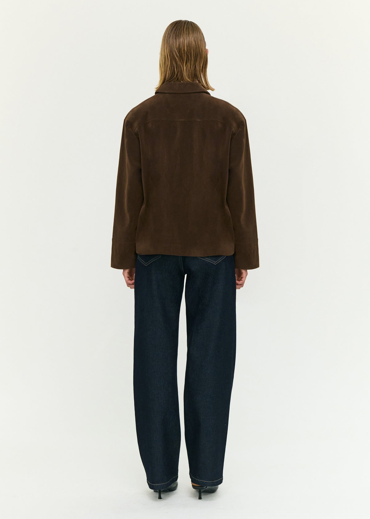 Back view of the Chocolate Brown Faux Suede Barn Jacket with a button front closure and a soft faux suede fabrication.