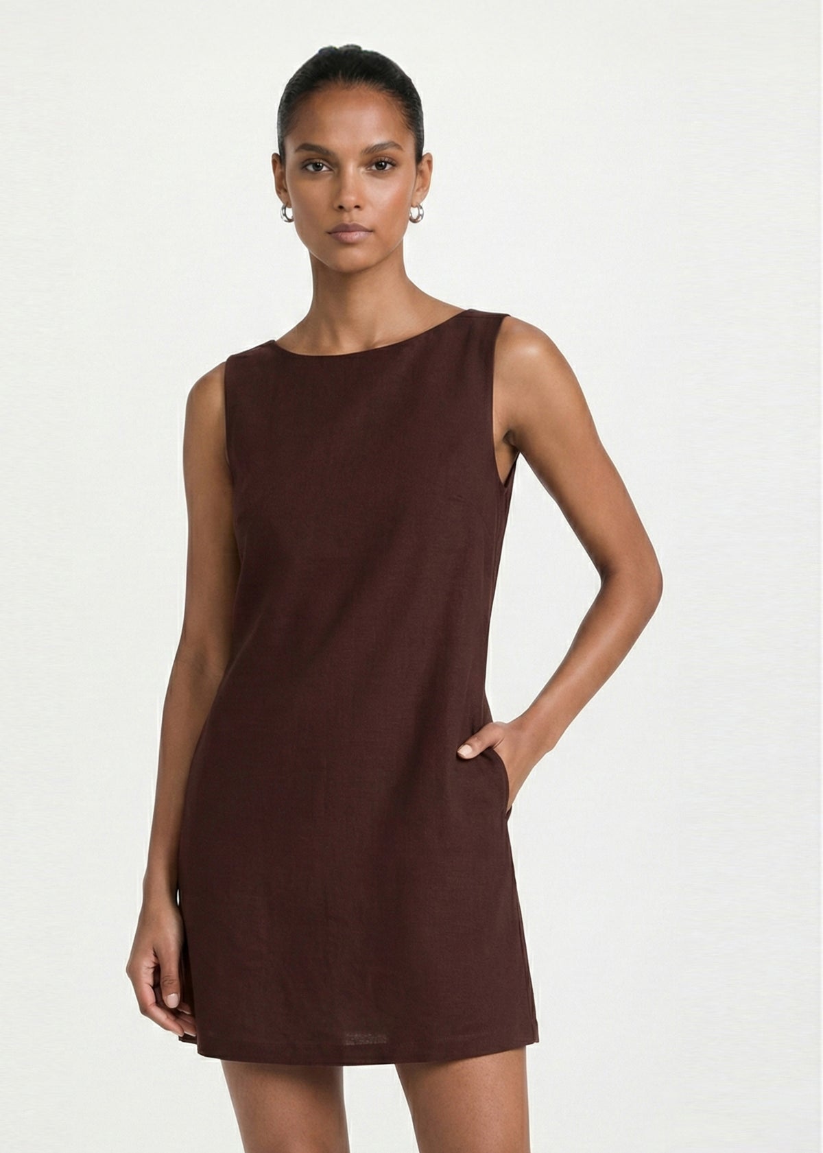 Close-up of the Chocolate Linen Blend Boat Neck Mini Shift Dress, showing a high boat neckline and a lightweight linen fabrication.
