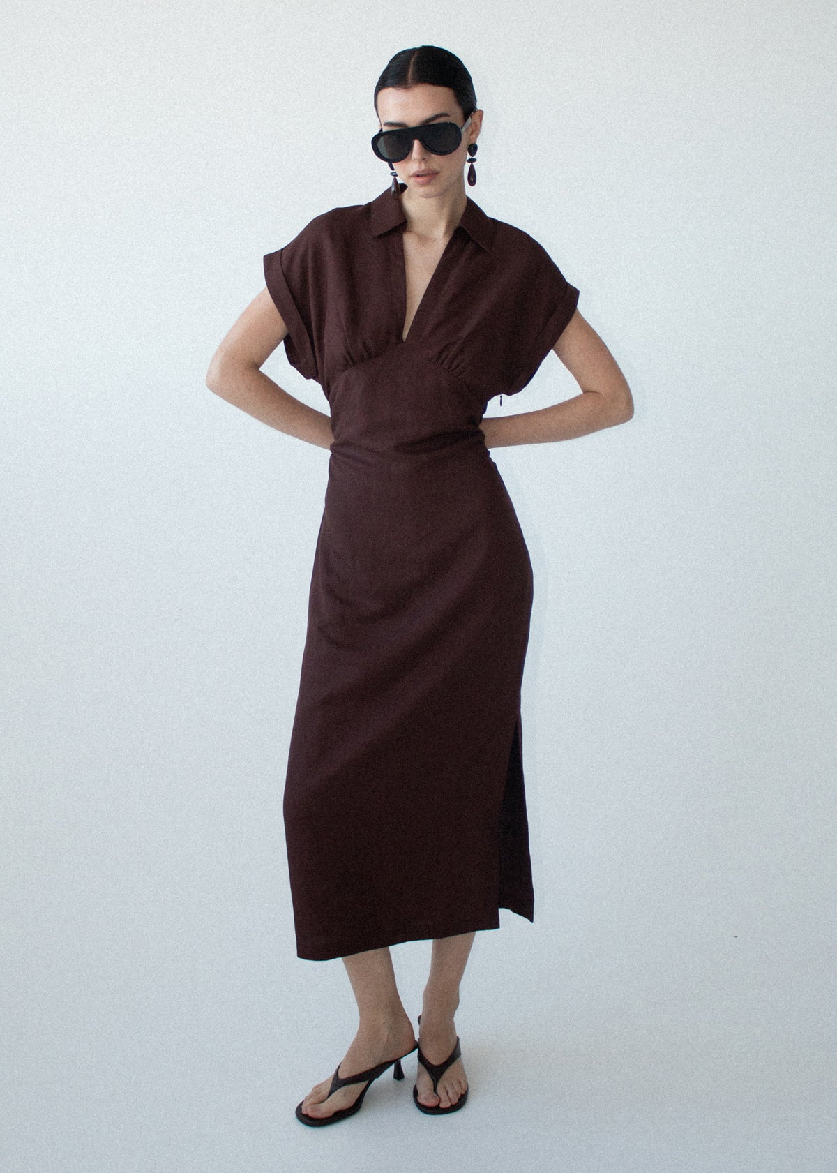 Model wearing Chocolate Linen Blend Collared Midi Dress, showing a lightweight woven fabrication and a collared V-neckline.