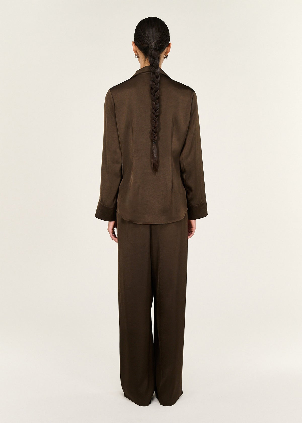 Back view of the Chocolate Pintuck Cinched Waist Satin Shirt with a full button-through front and a subtle sheen.
