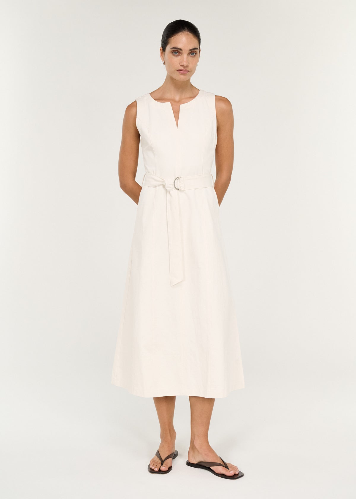Model wearing Cotton Belted Wrap Midi Dress in Cream, showing a removable self-fabric waist belt and a double ring belt hardware.