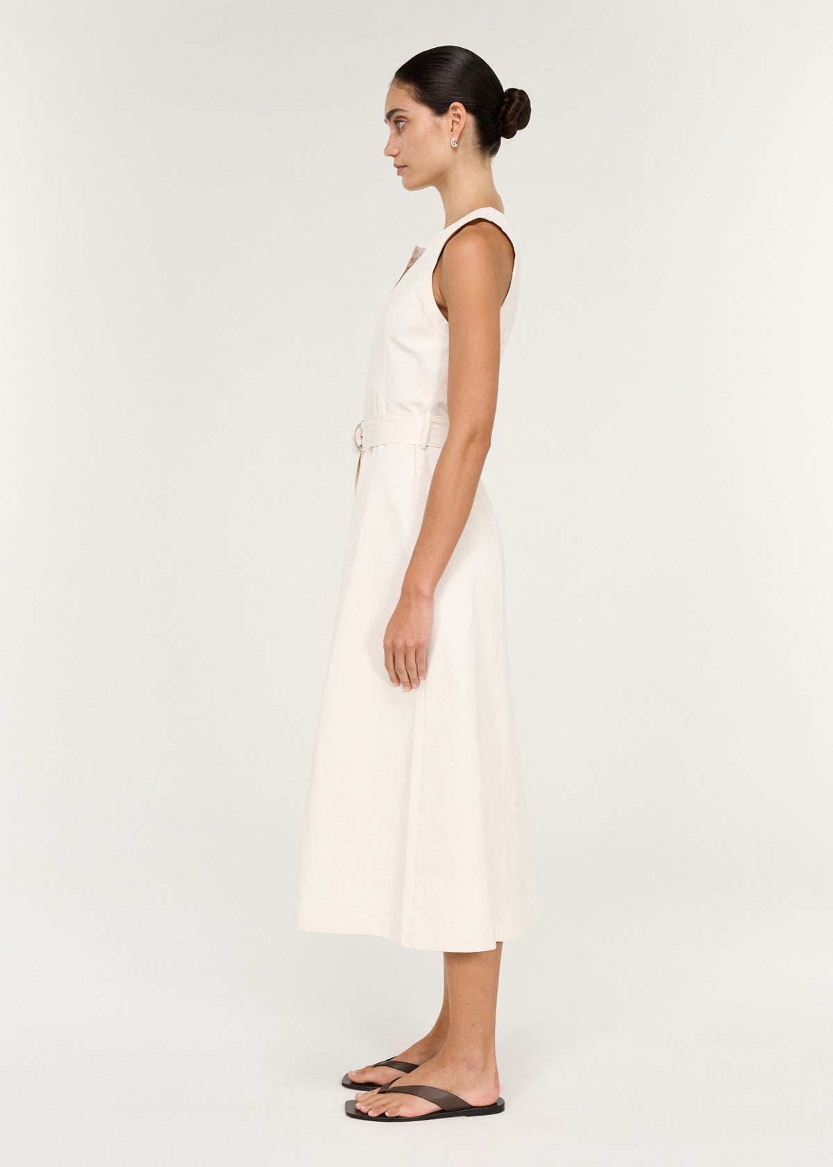 Side view of the Cotton Belted Wrap Midi Dress in Cream, showing a belt loops at waist and a centre back zip closure.
